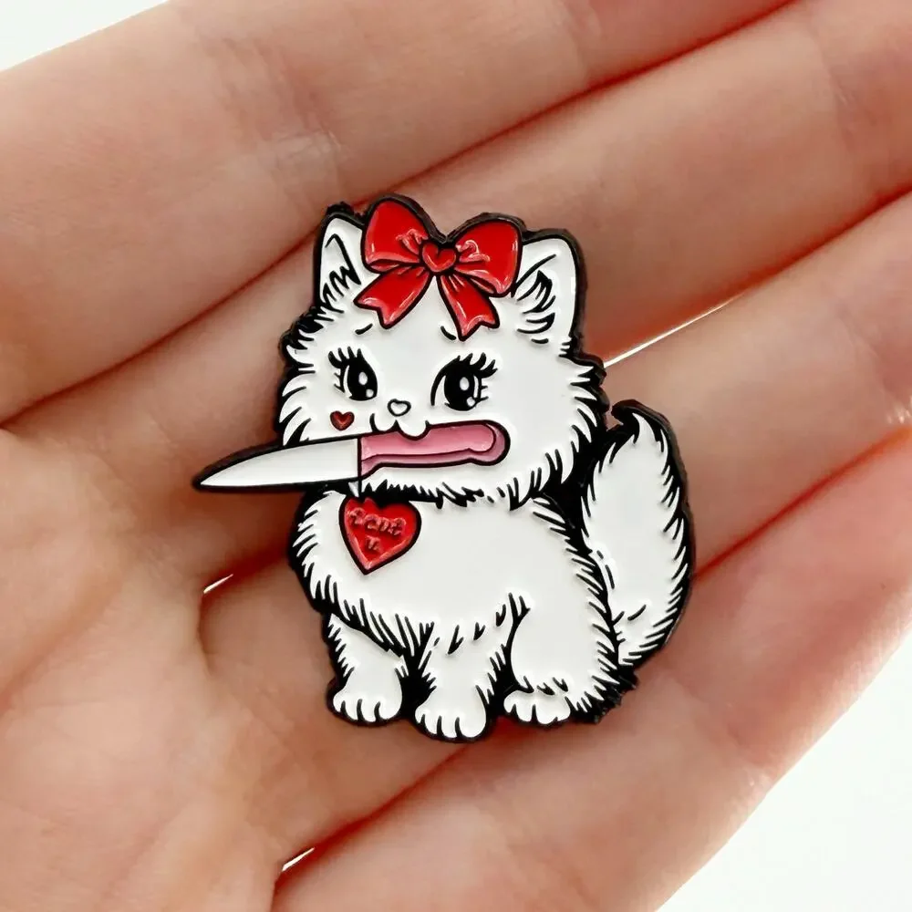 Cute White Cat Holding Knife Funny Enamel Pin